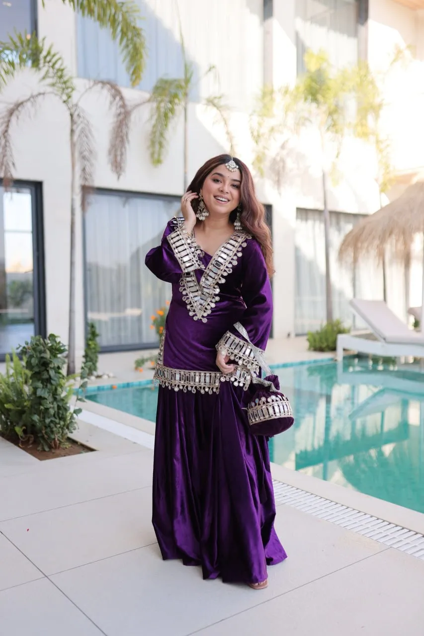 Purple Mirror Work Velvet Co ord Set with Batwa
