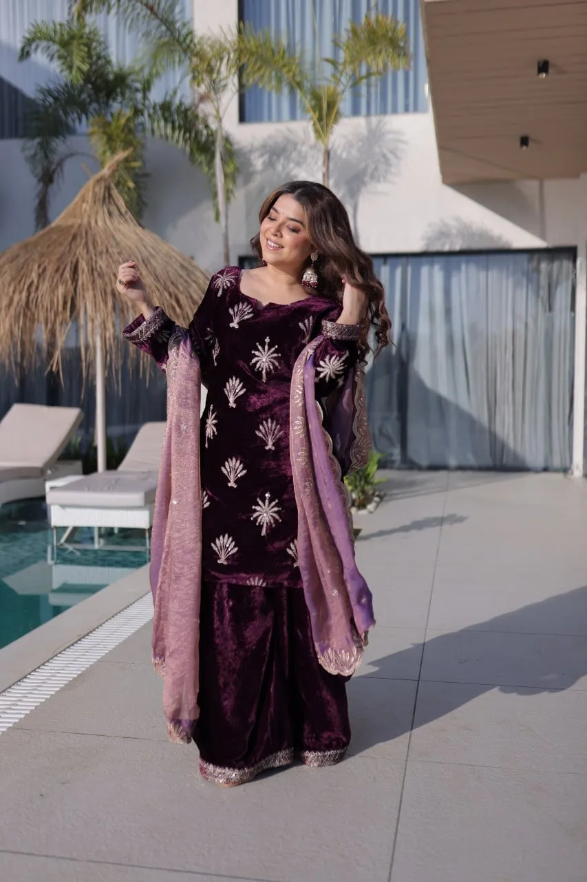 Purple Velvet Sharara Set for Girls