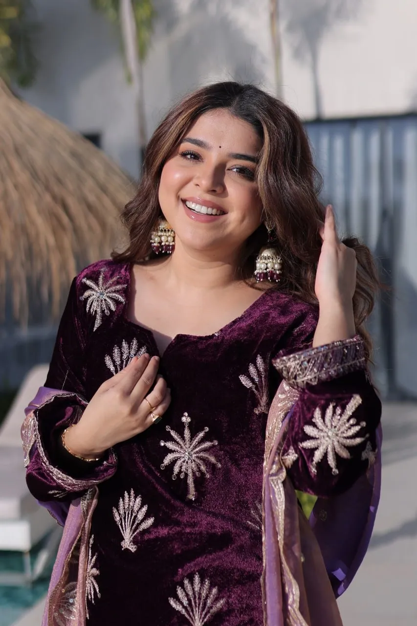 Purple Velvet Sharara Set for Girls