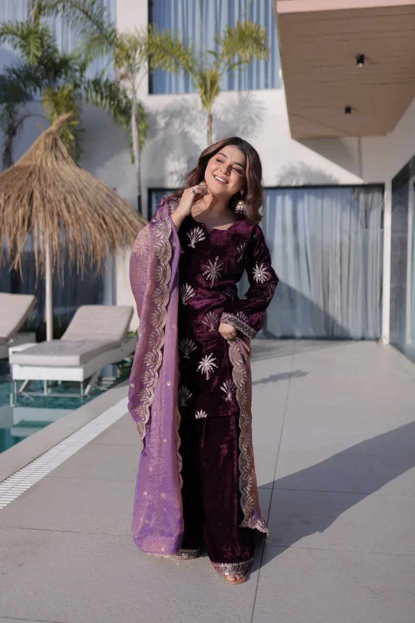 Purple Velvet Sharara Set for Girls