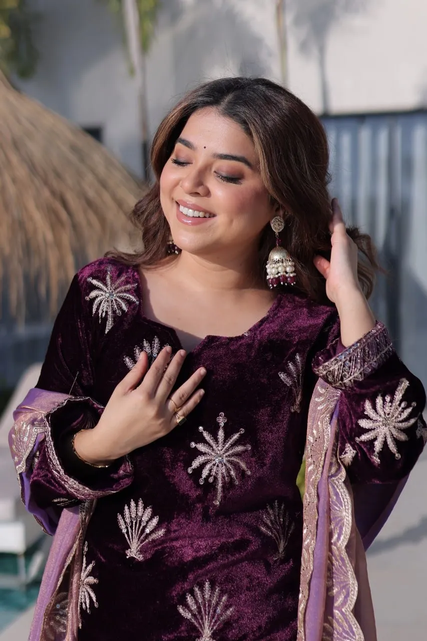 Purple Velvet Sharara Set for Girls