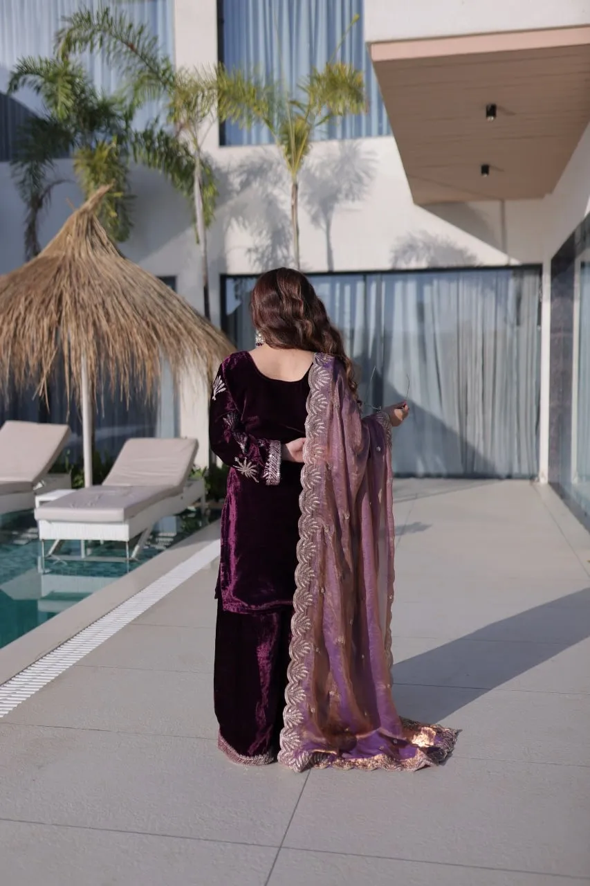 Purple Velvet Sharara Set for Girls