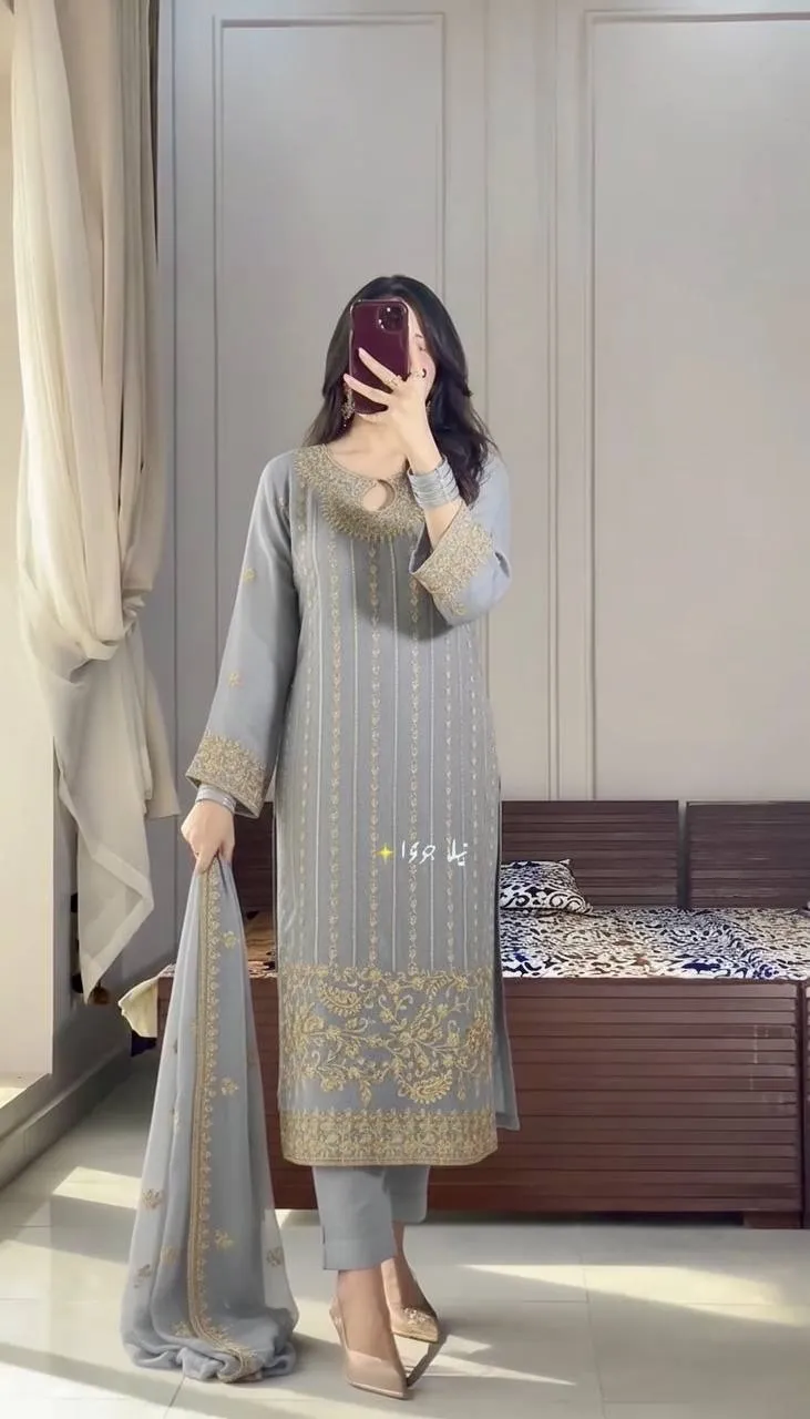 Readymade Pakistani Embroidery Pant Suit Gray Color