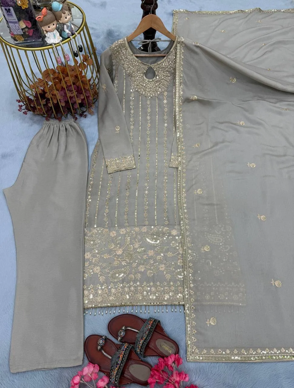 Readymade Pakistani Embroidery Pant Suit Gray Color
