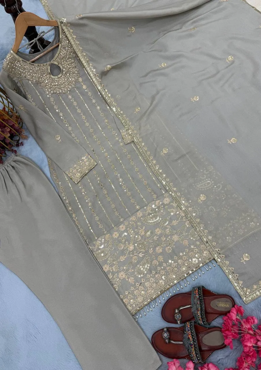 Readymade Pakistani Embroidery Pant Suit Gray Color