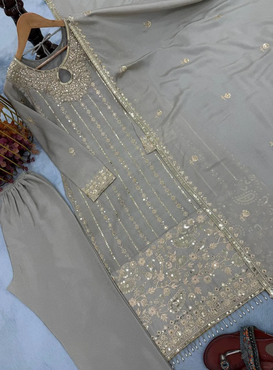 Readymade Pakistani Embroidery Pant Suit Gray Color