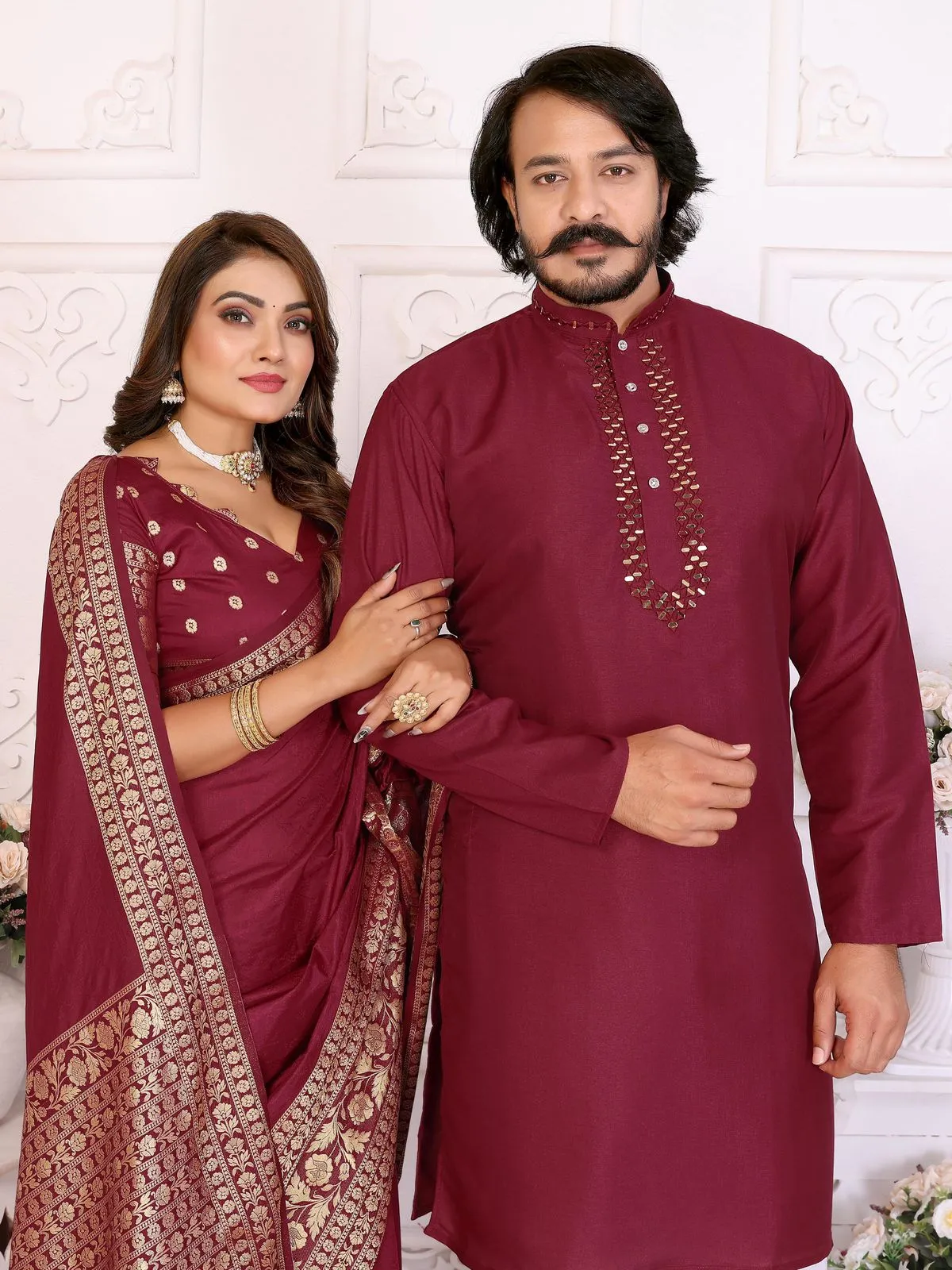 Red Color Silk Saree with Kurta Couple Combo