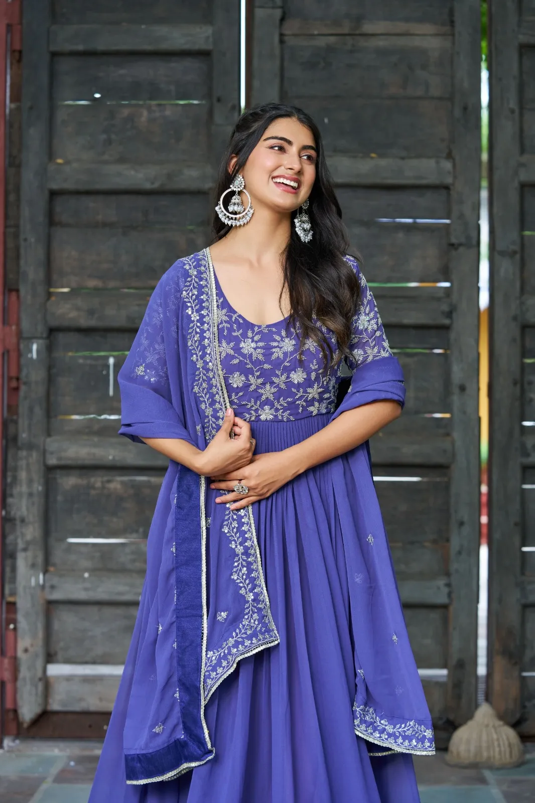 Royal Blue Beads work Gown with Dupatta for Party