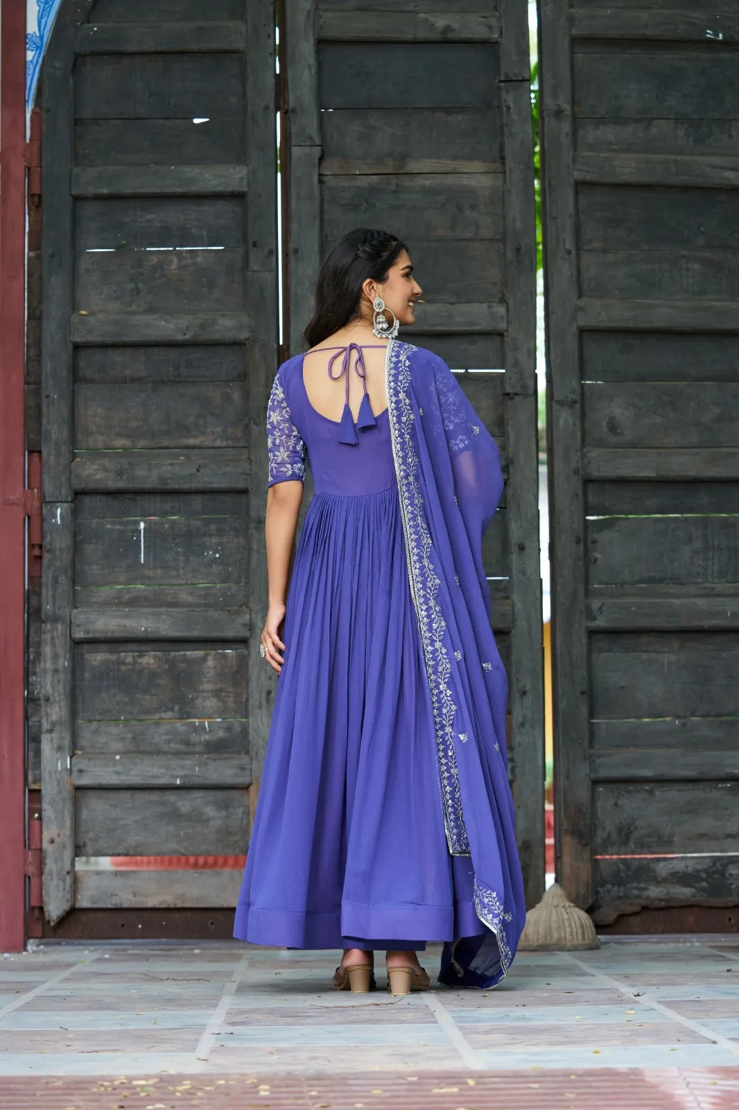 Royal Blue Beads work Gown with Dupatta for Party
