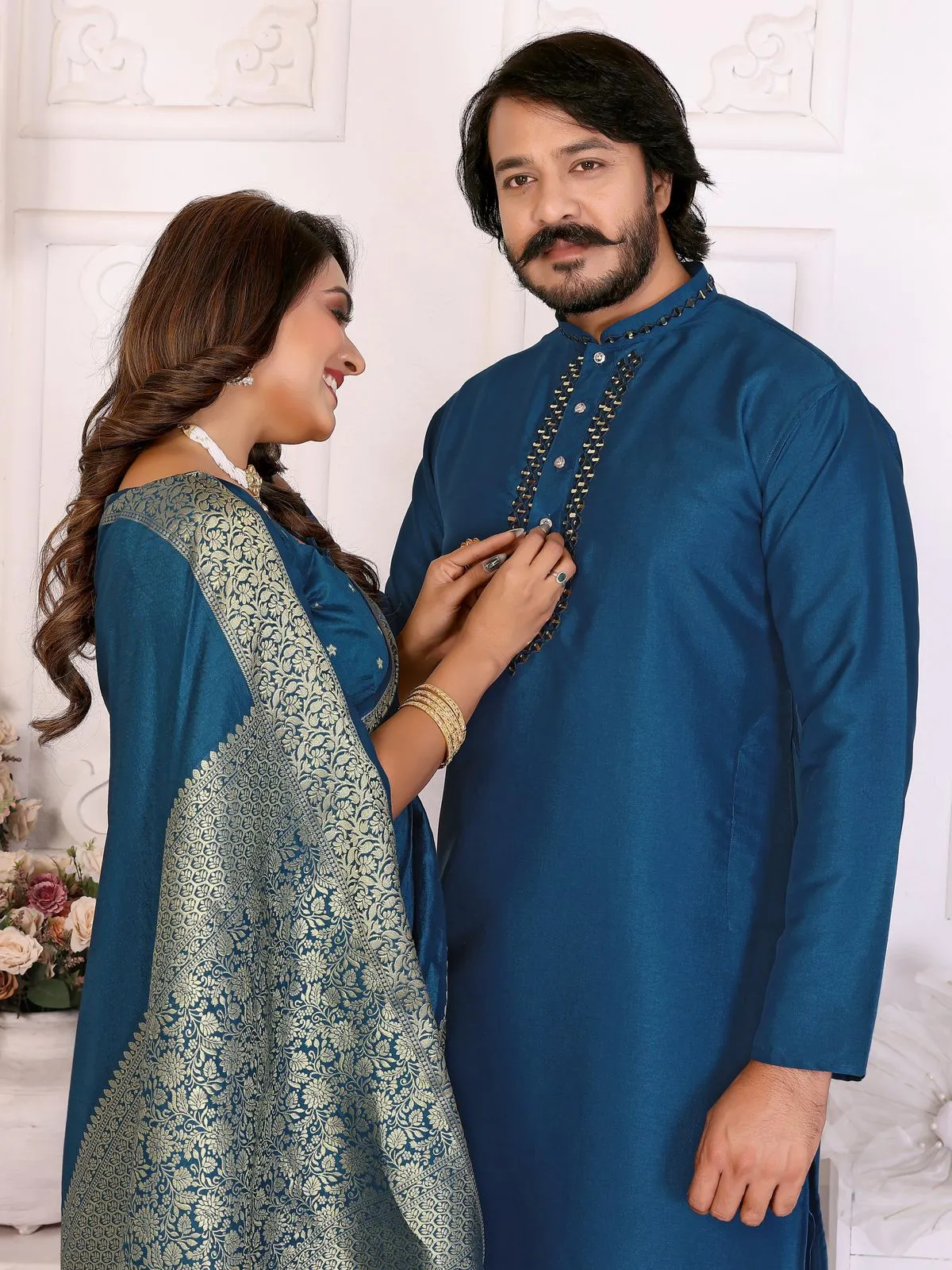 Royal Blue Color Couple Combo Saree with Kurta