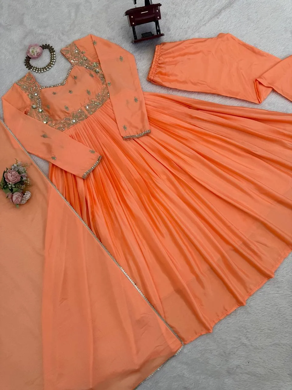 Stylish Neck Embroidery Orange Anarkali Suit Set