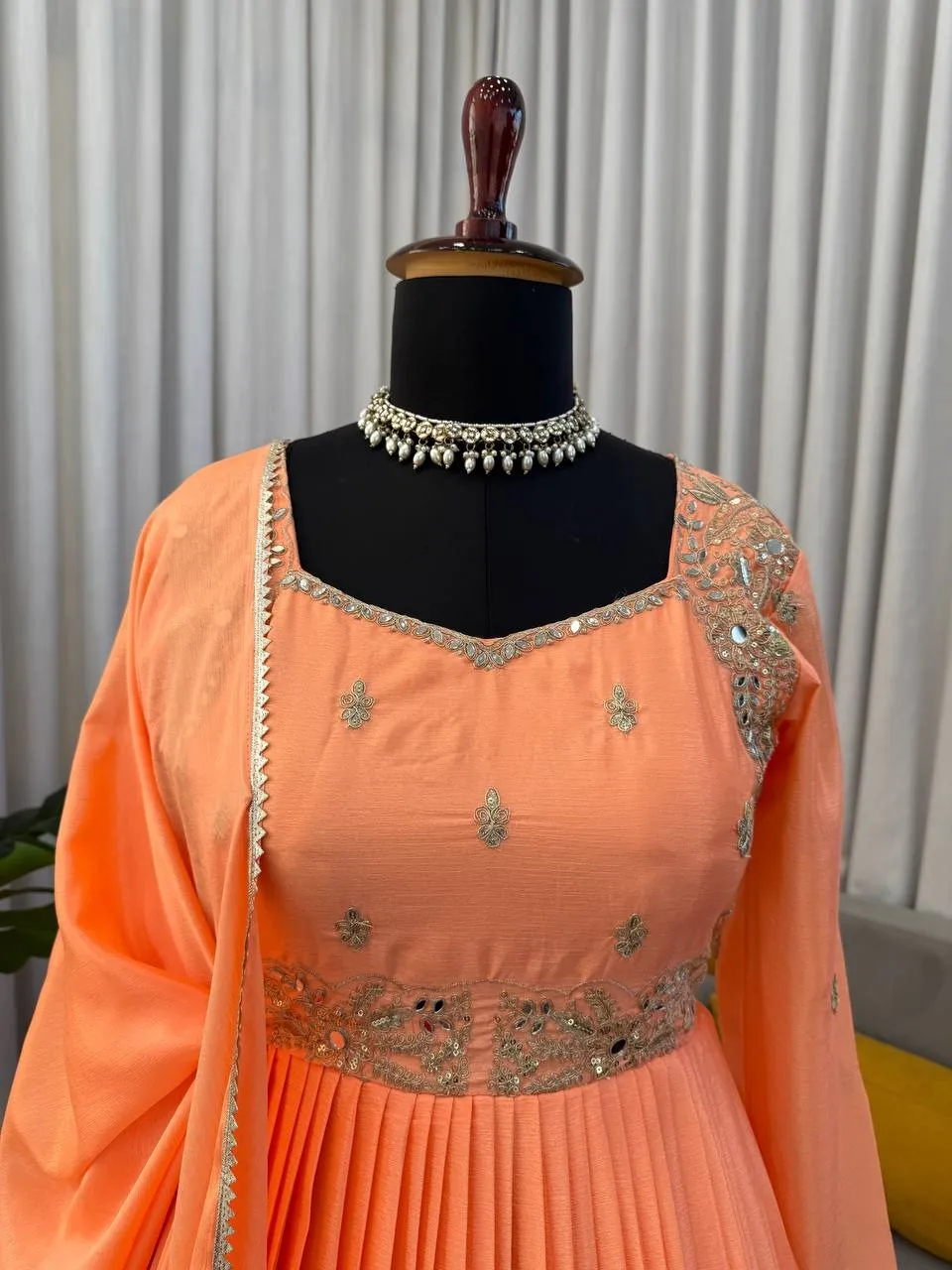 Stylish Neck Embroidery Orange Anarkali Suit Set