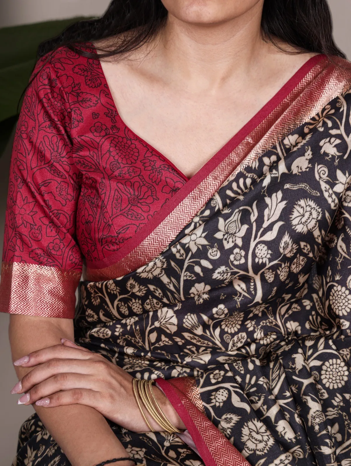 Tasar Silk Black Saree with Red Border Office Wear