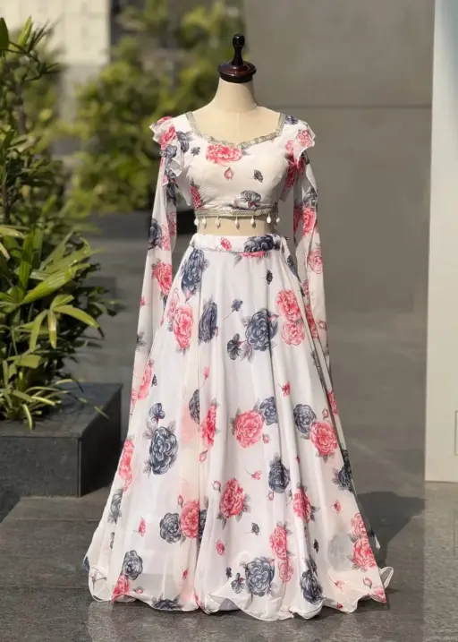 White Kalamkari Readymade Lehenga with Fancy Blouse