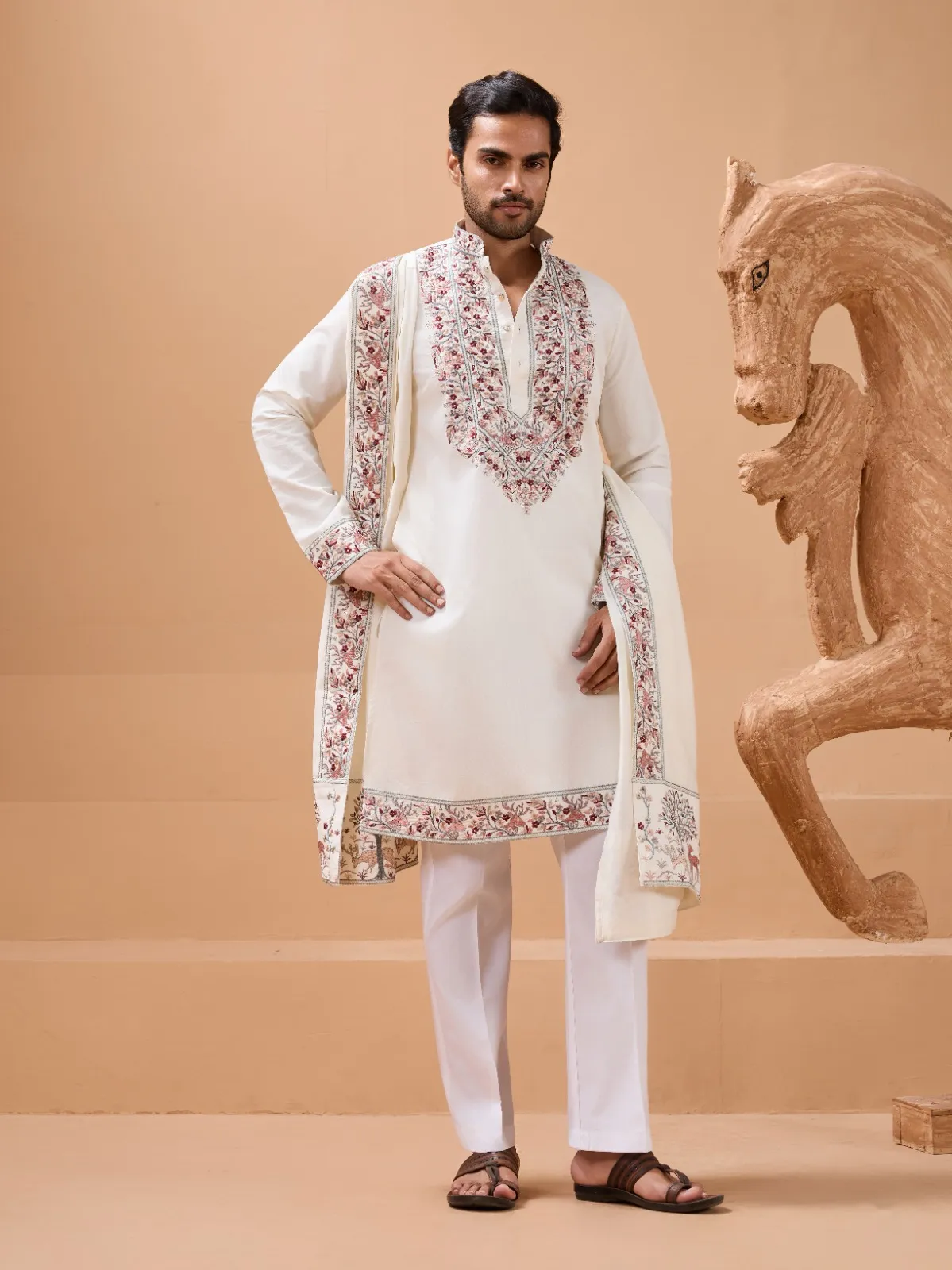 White Mens Kurta with Dupatta for Functional Wear