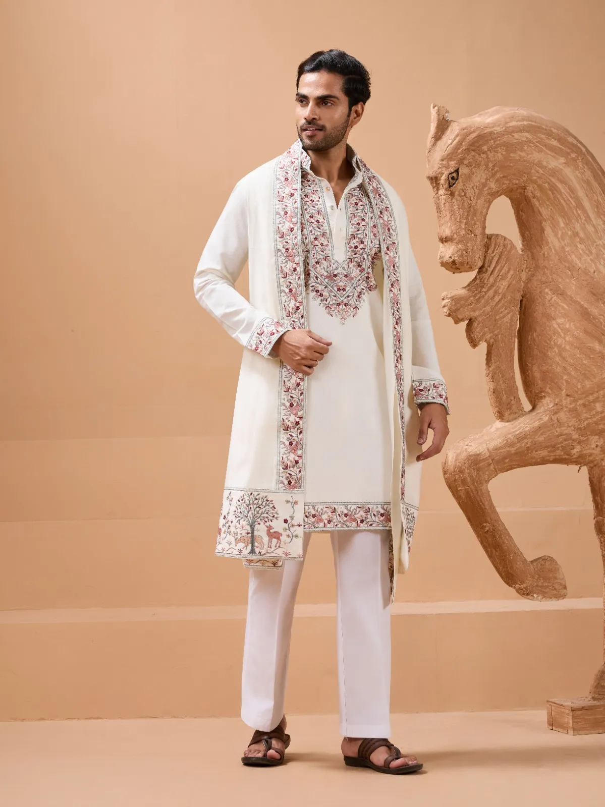 White Mens Kurta with Dupatta for Functional Wear