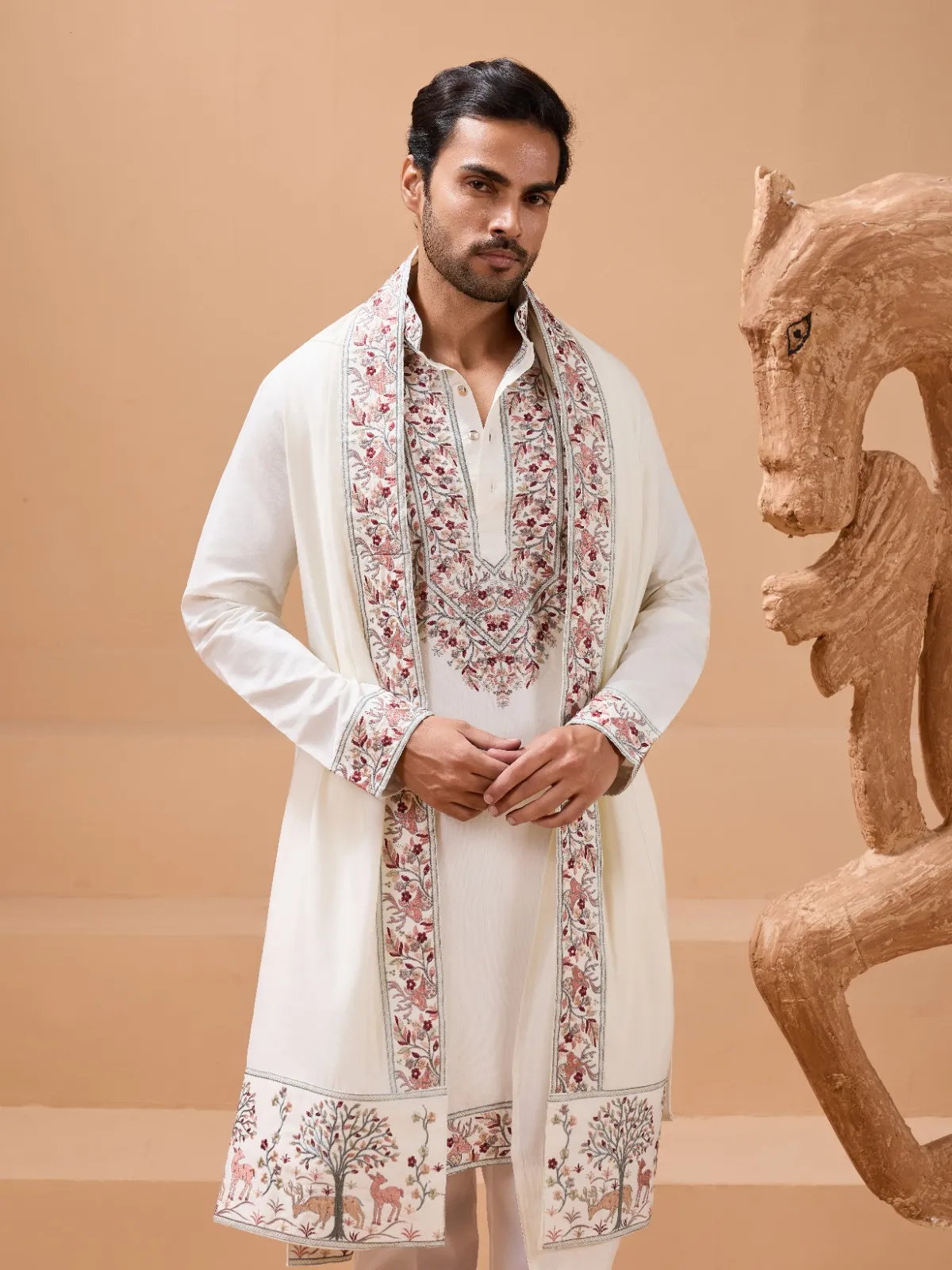 White Mens Kurta with Dupatta for Functional Wear