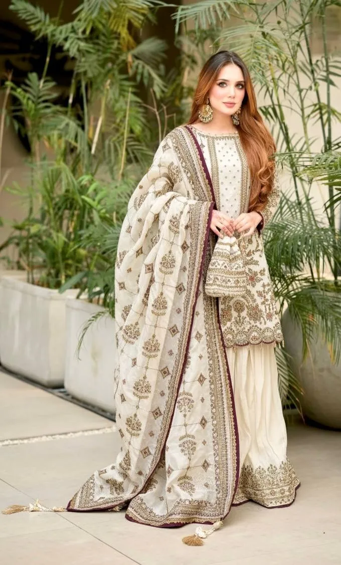 White Pakistani Readymade Sharara Salwar Set