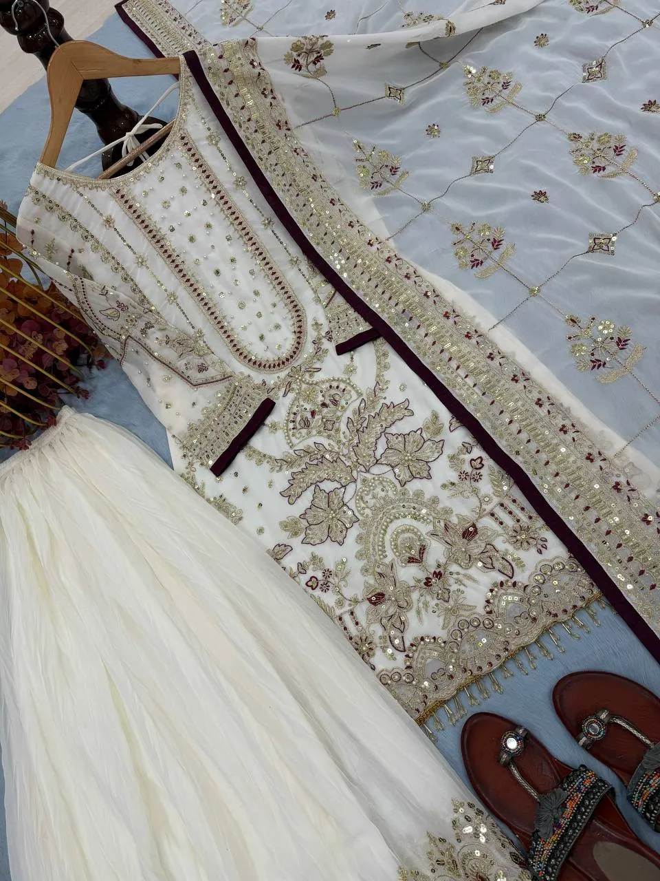 White Pakistani Readymade Sharara Salwar Set