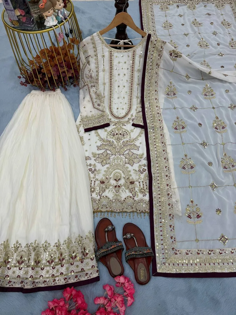 White Pakistani Readymade Sharara Salwar Set