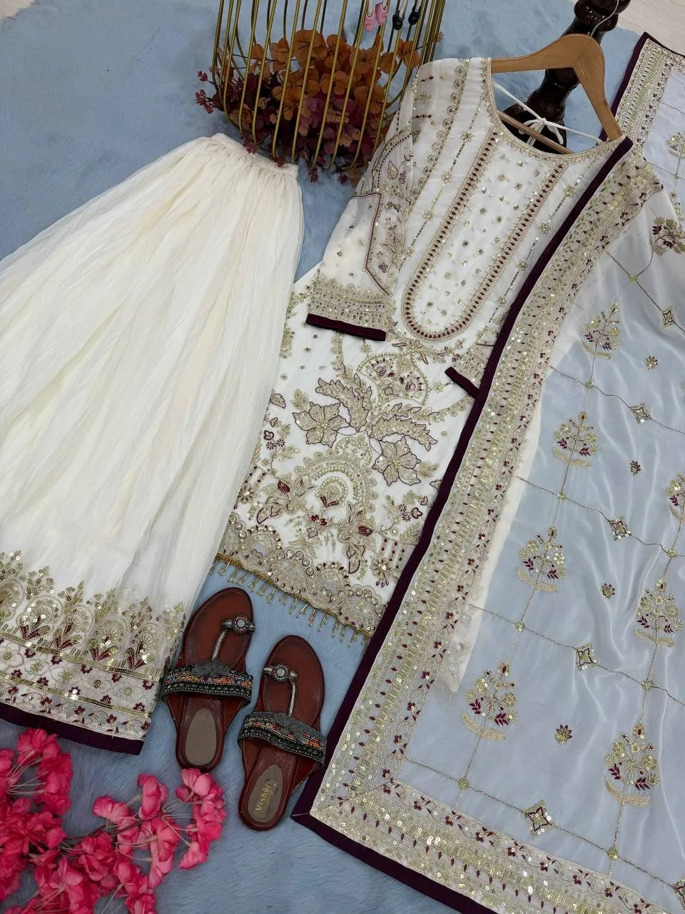 White Pakistani Readymade Sharara Salwar Set