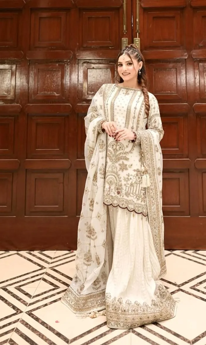 White Pakistani Readymade Sharara Salwar Set