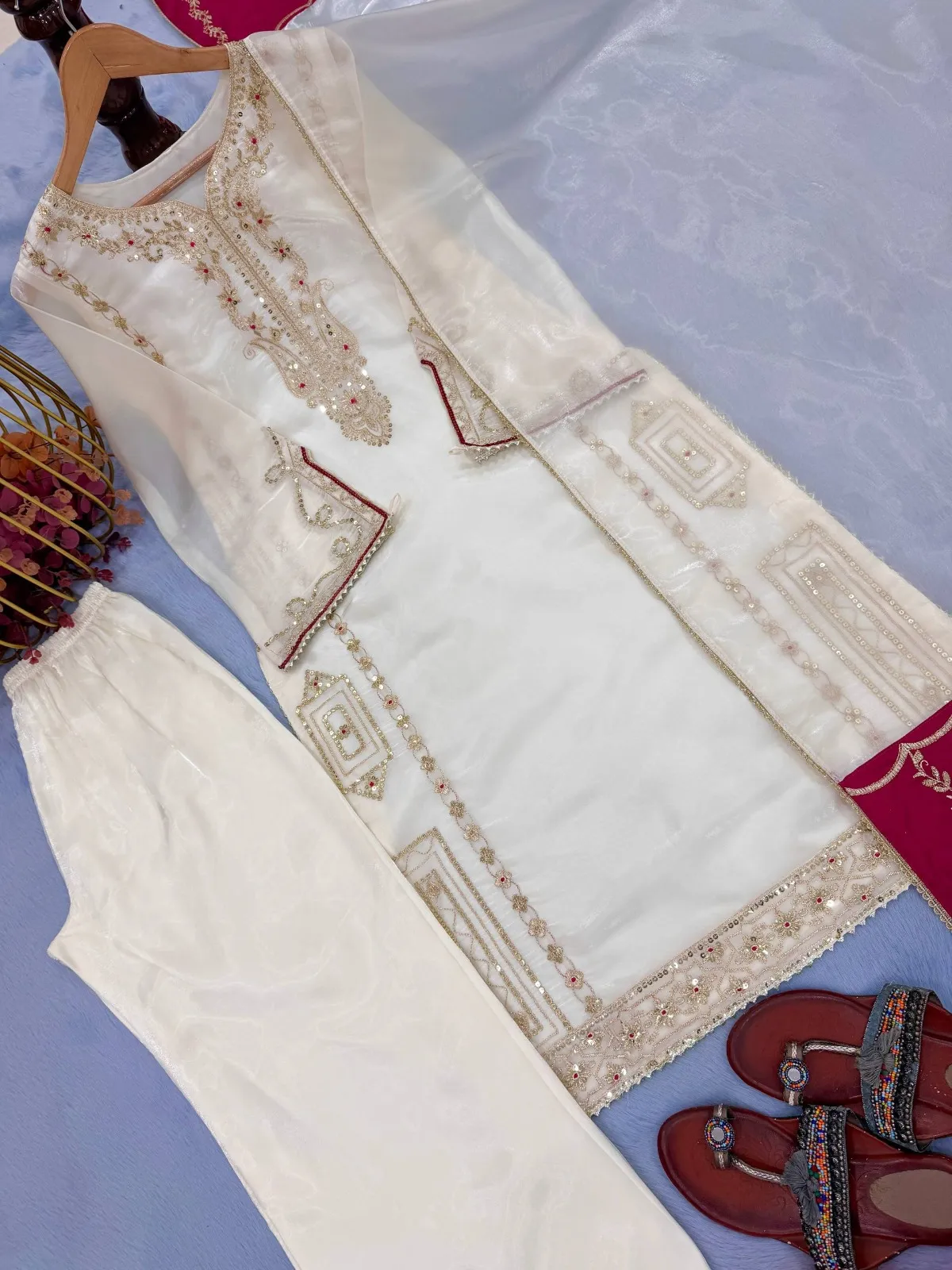 White Pakistani Silk Straight Suit