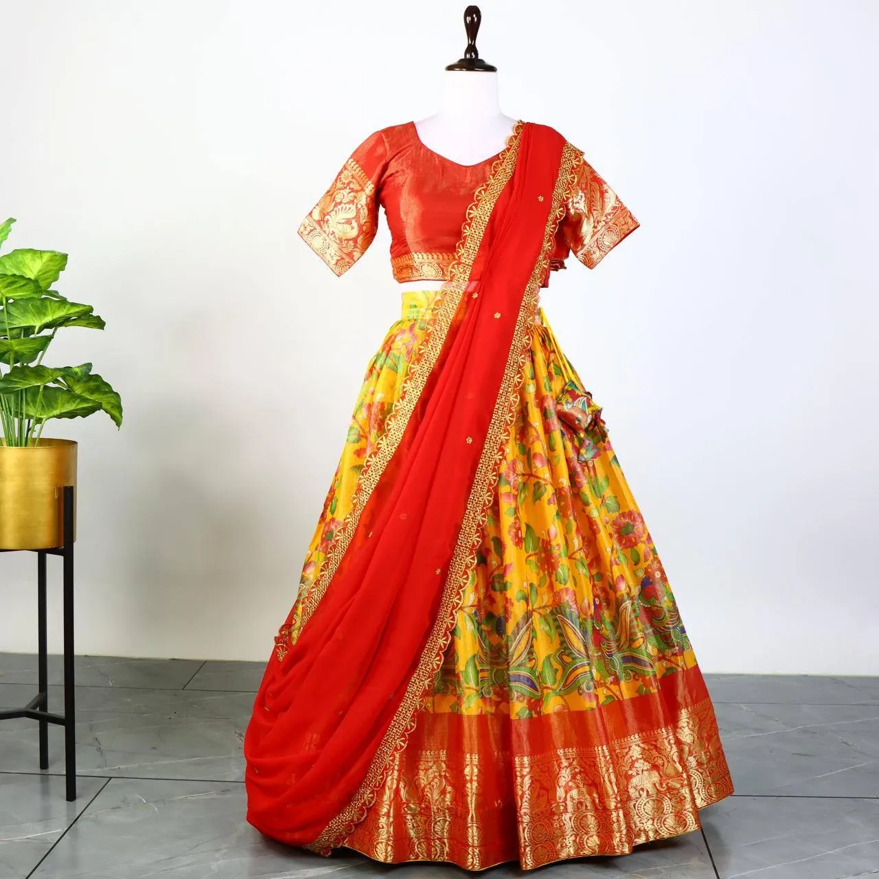 Yellow Kalamkari Printed Lehenga for Hadi Ceremony