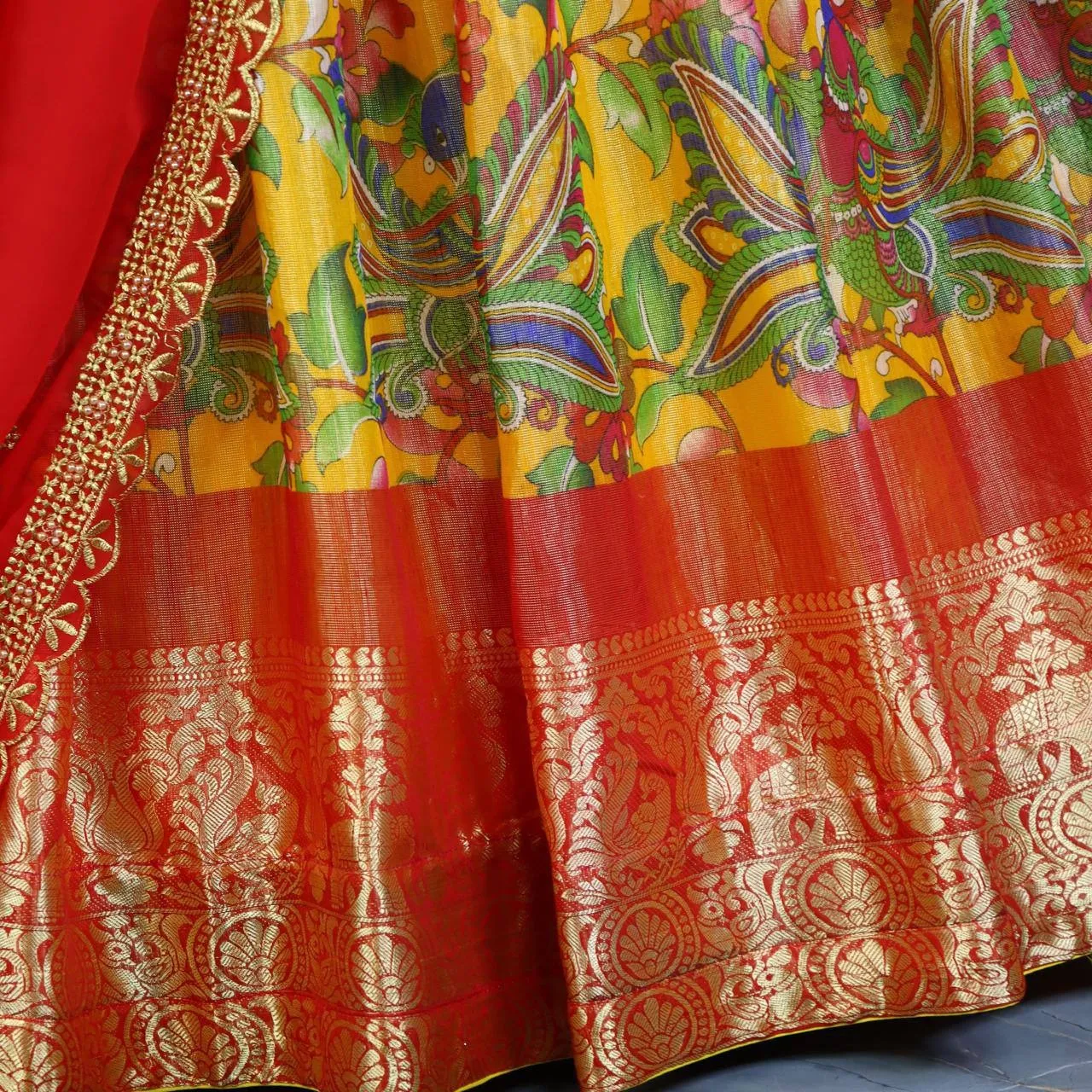 Yellow Kalamkari Printed Lehenga for Hadi Ceremony