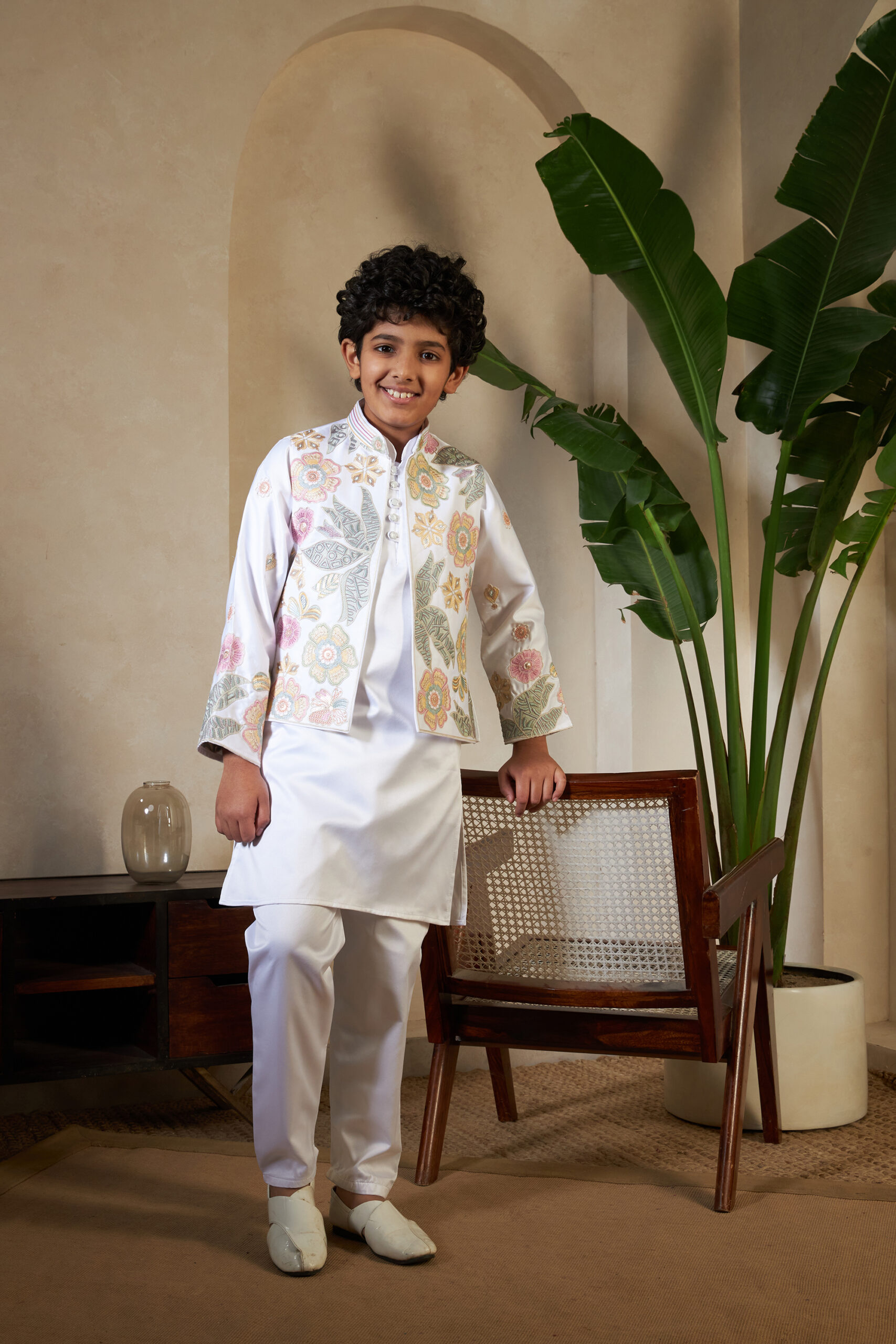 white color small boys wedding kurta with koti