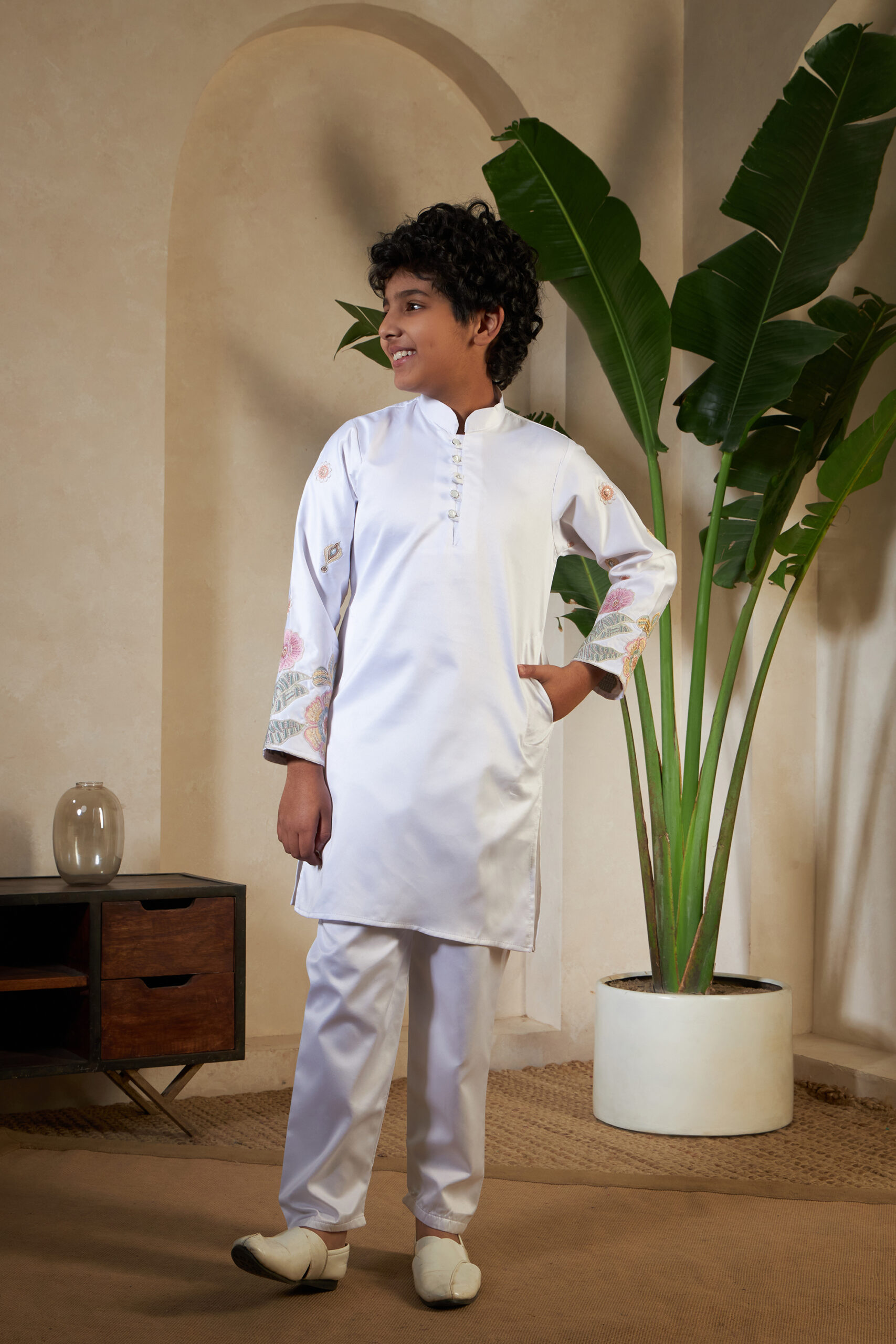 white color small boys wedding kurta with koti