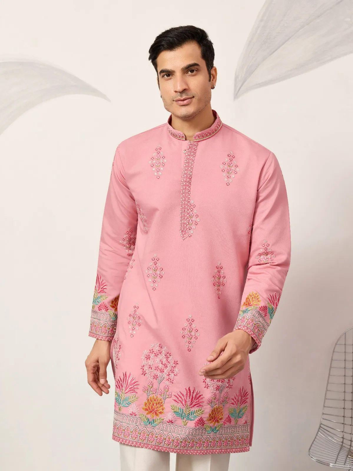 Baby Pink Festive Embroidery Men Kurta