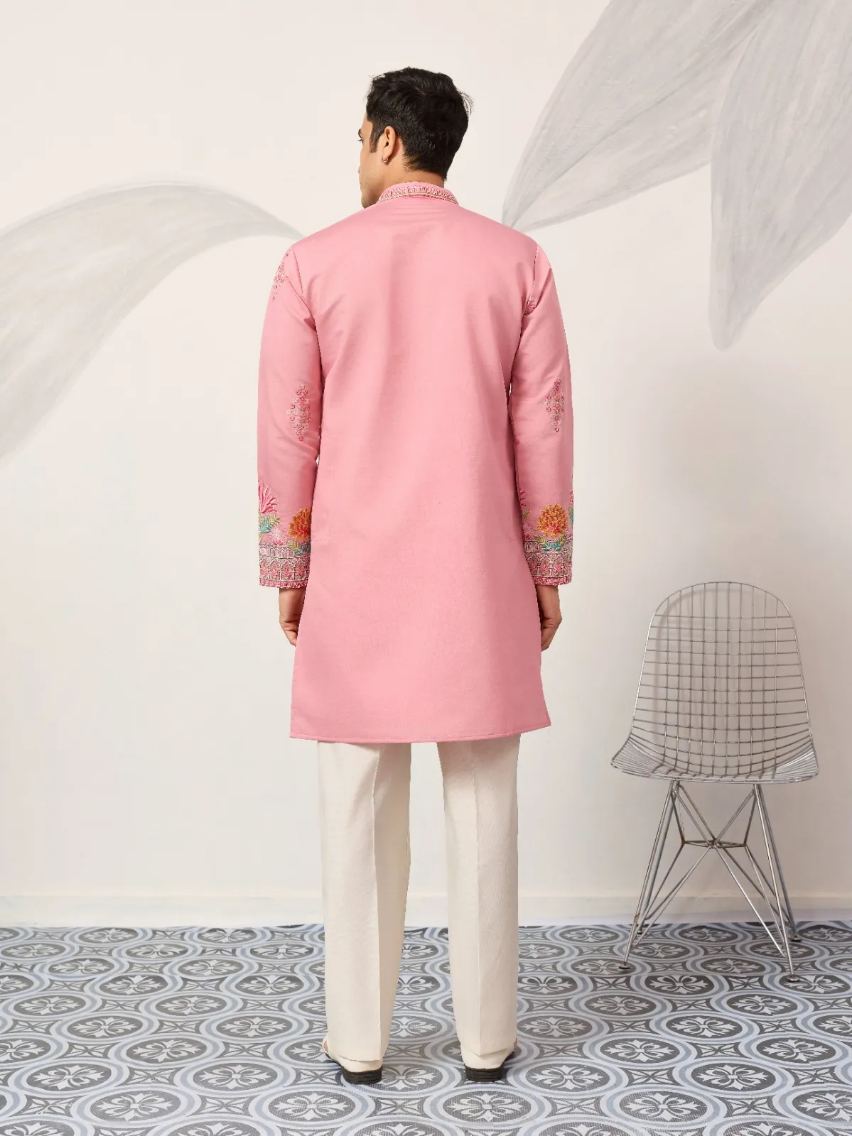 Baby Pink Festive Embroidery Men Kurta