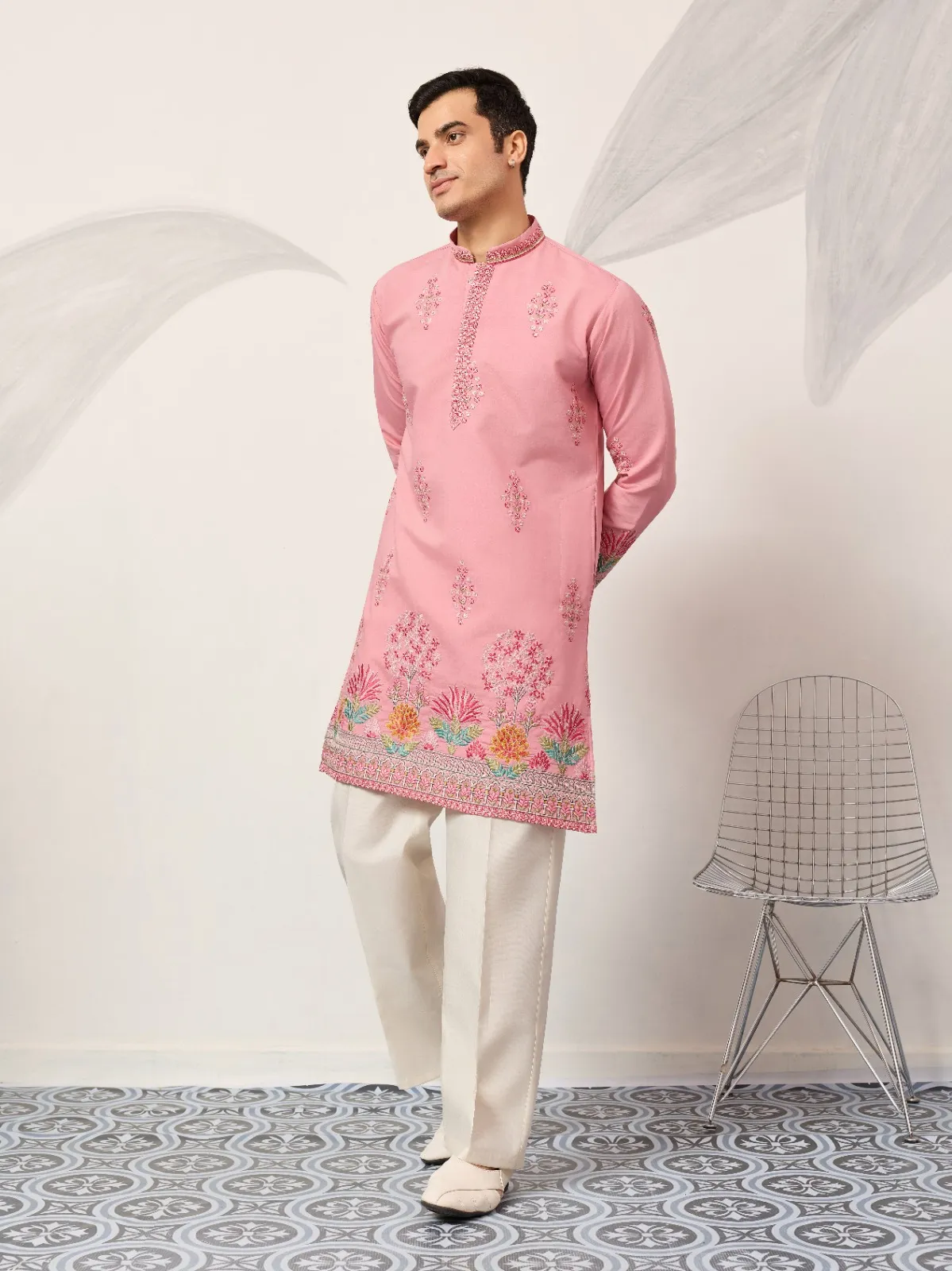 Baby Pink Festive Embroidery Men Kurta