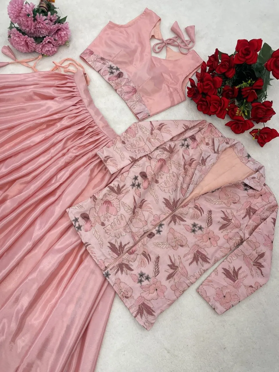 Baby Pink Readymade Jacket Lehenga for Party