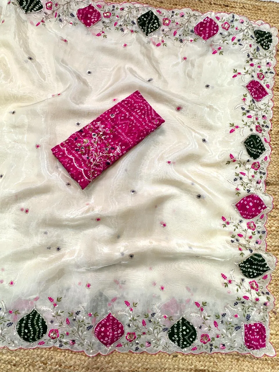 Beautiful Bandhej Printed Handwork Saree