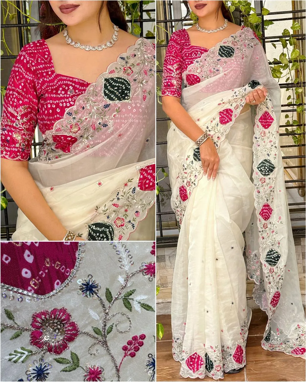 Beautiful Bandhej Printed Handwork Saree