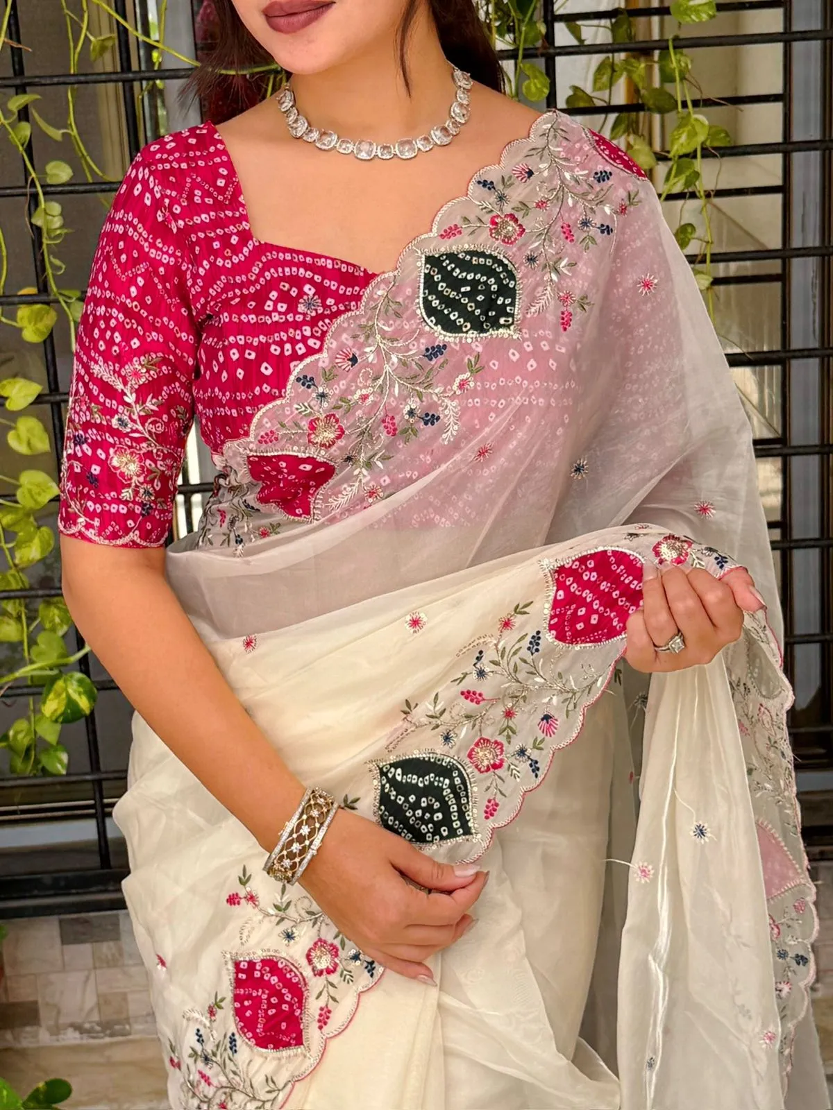 Beautiful Bandhej Printed Handwork Saree