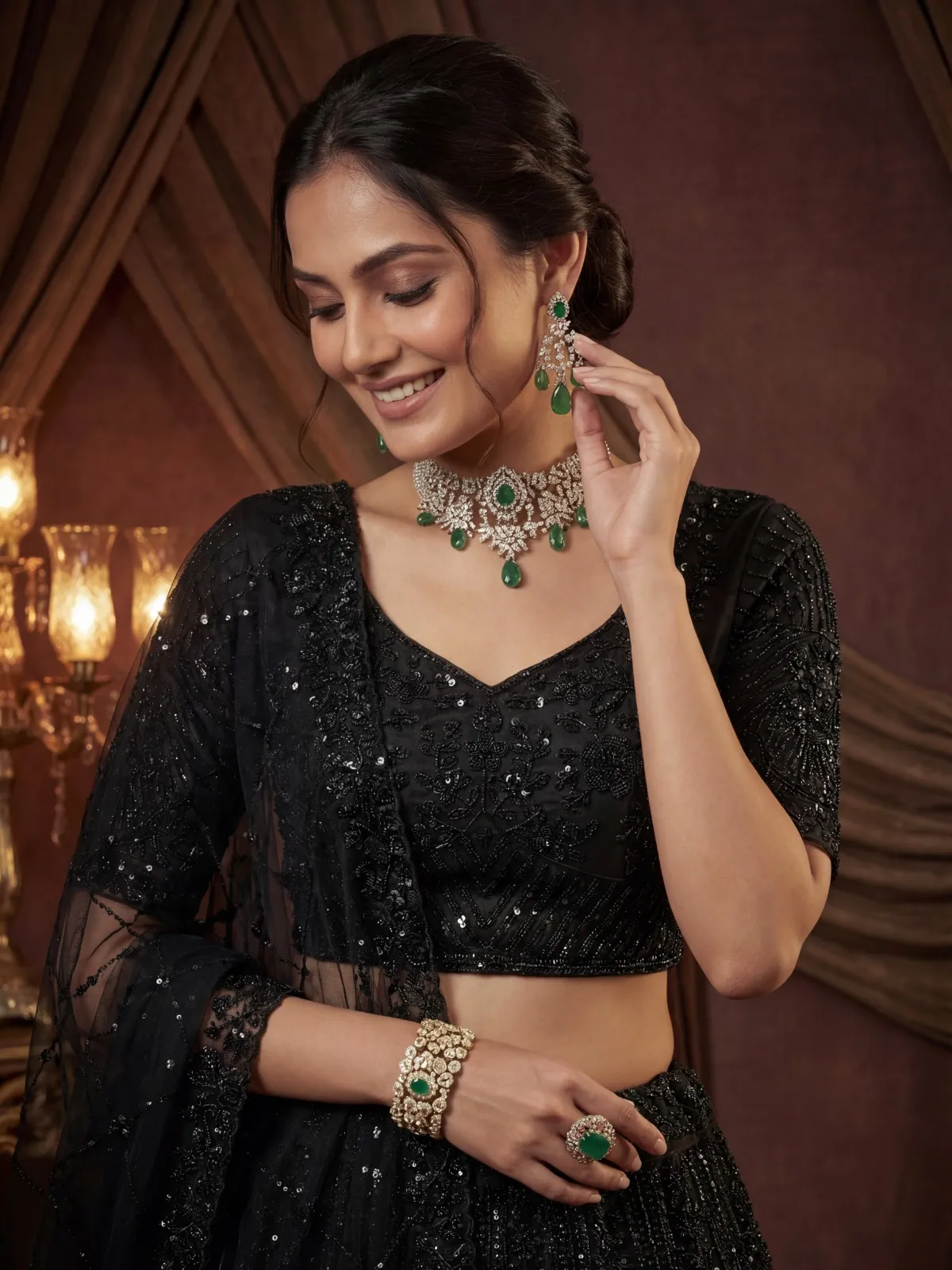 Black Color Handwork Shining Bridal Lehenga