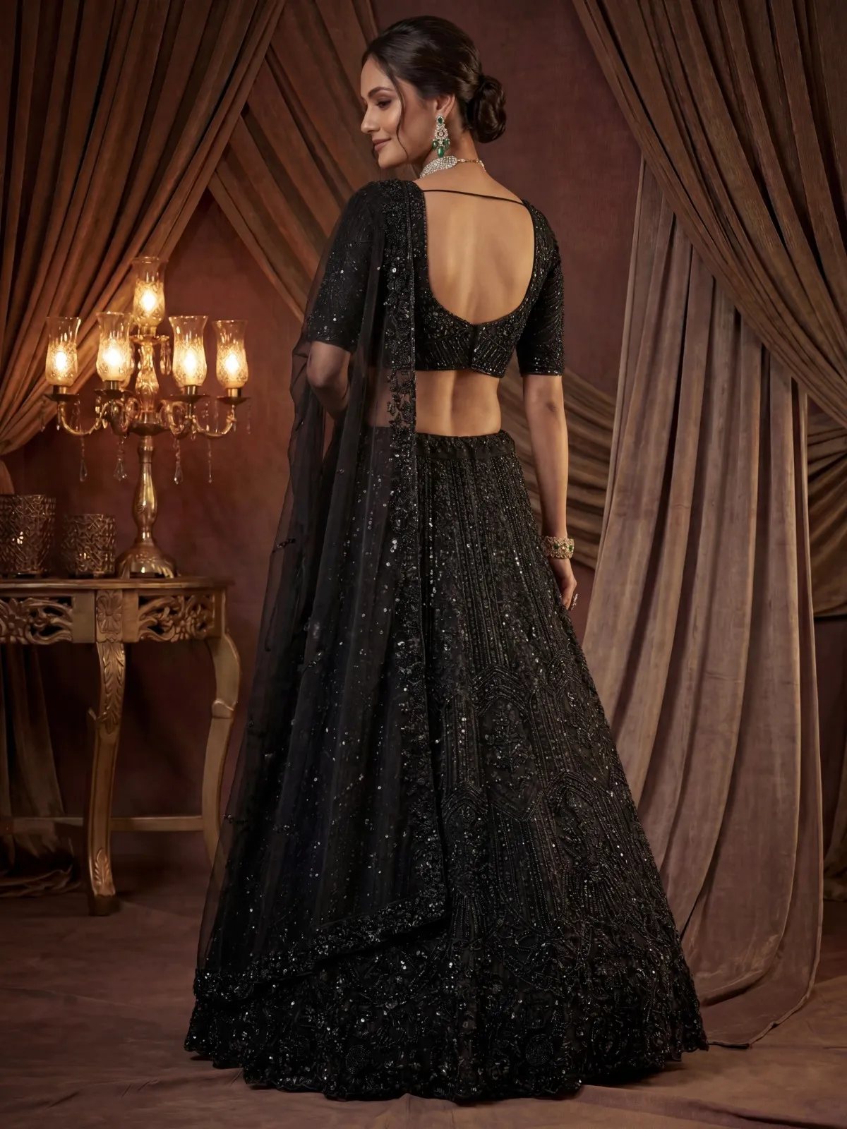 Black Color Handwork Shining Bridal Lehenga