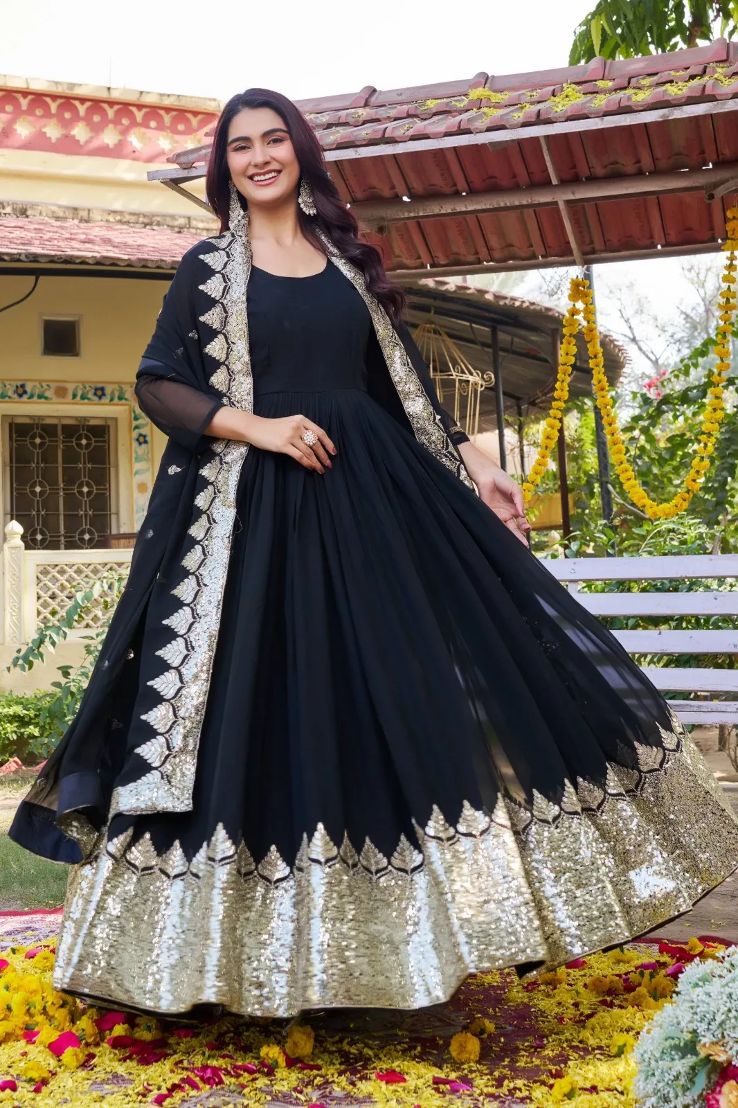Black Gown with Sequence Big Border | Readymade Gown