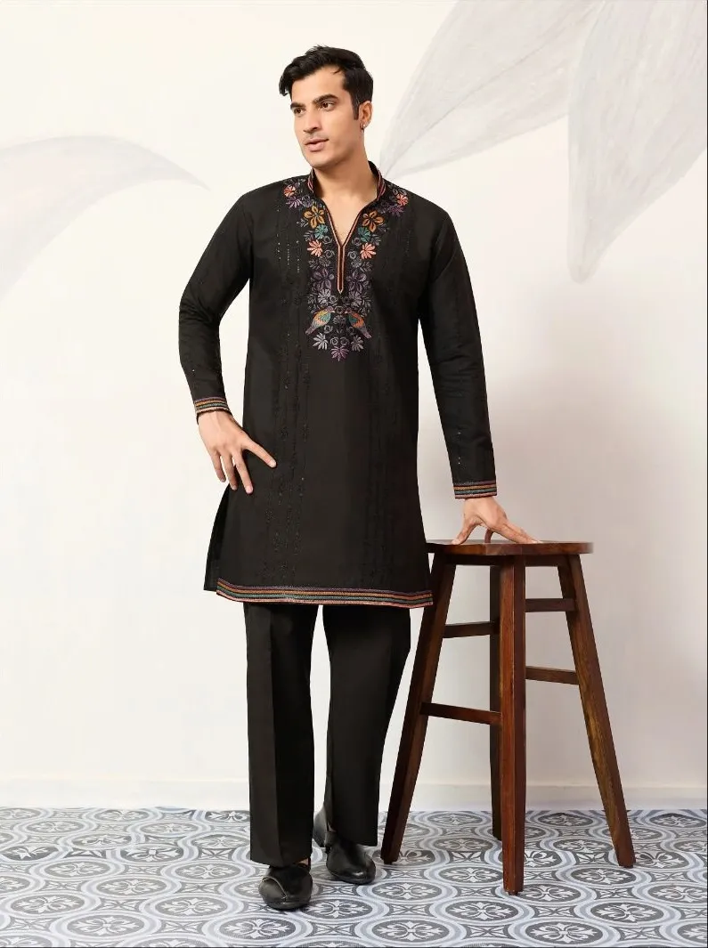 Black Mens Embroidery Kurta Set for Festive Wear