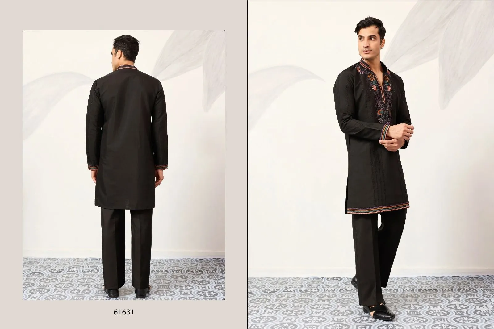 Black Mens Embroidery Kurta Set for Festive Wear