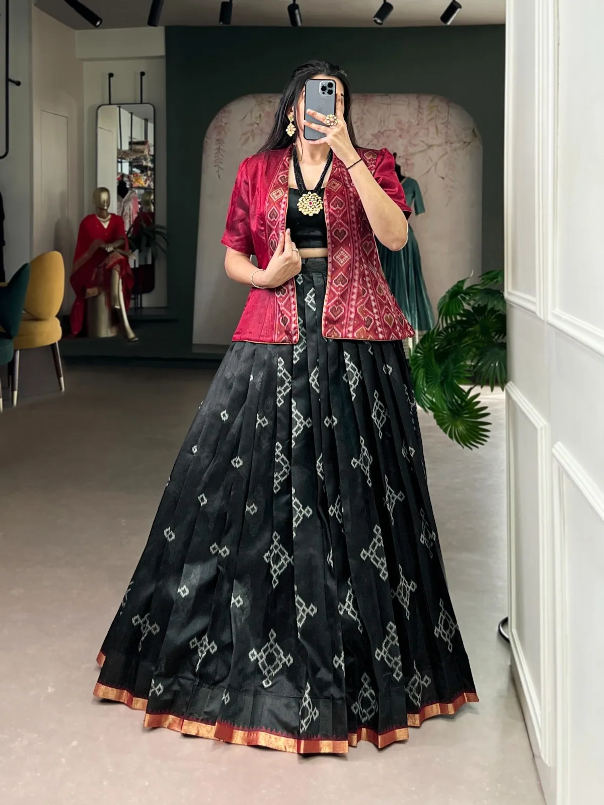 Black Patola Printed Readymade Lehenga with Koti Blouse