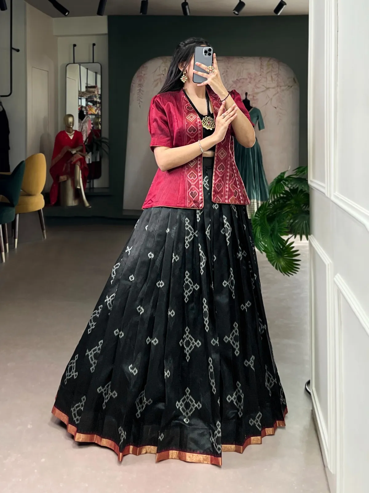 Black Patola Printed Readymade Lehenga with Koti Blouse