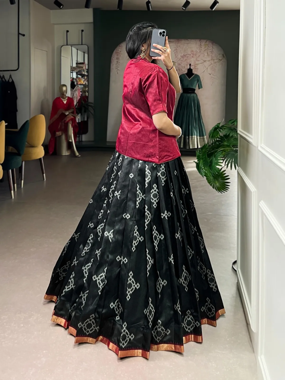 Black Patola Printed Readymade Lehenga with Koti Blouse