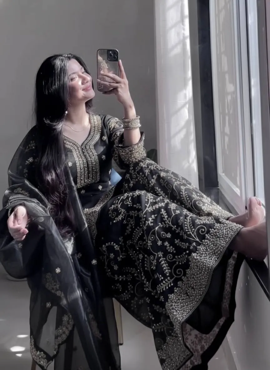 Black Readymade Silk Pakistani Plazzo Dress