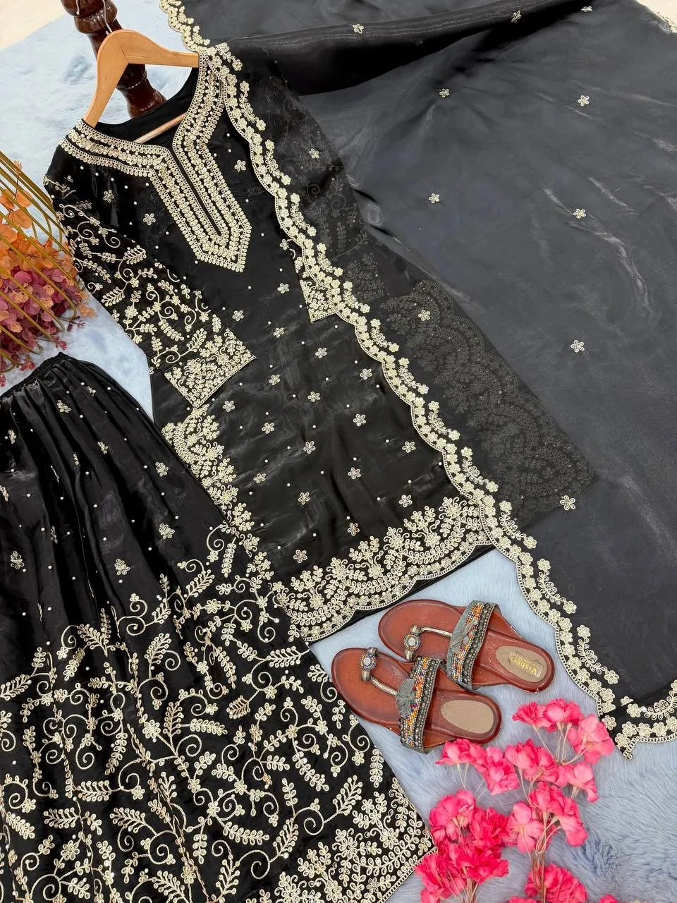 Black Readymade Silk Pakistani Plazzo Dress