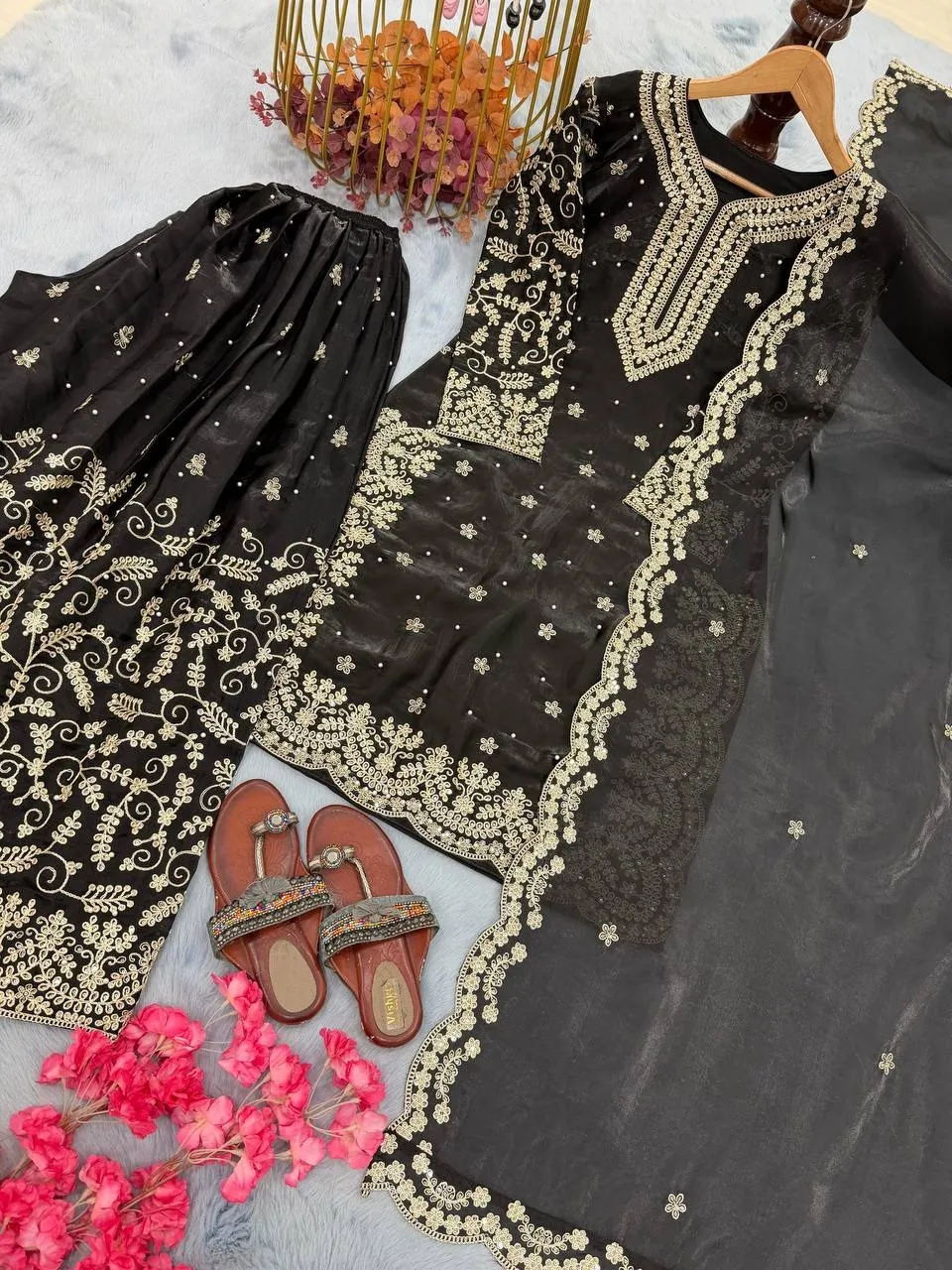 Black Readymade Silk Pakistani Plazzo Dress