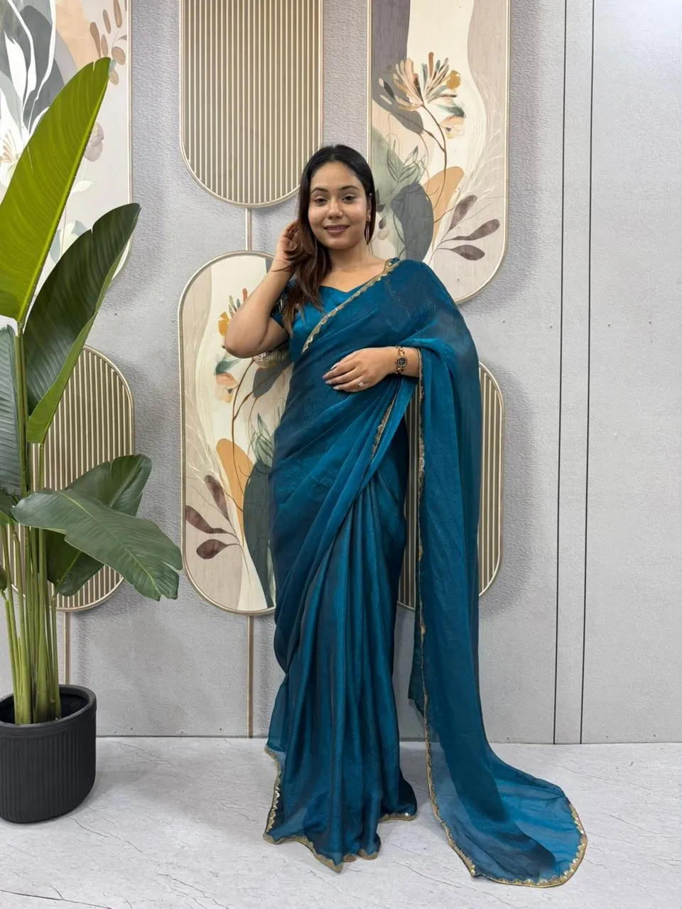 Blue Color wedding Zip and go Saree with Beads